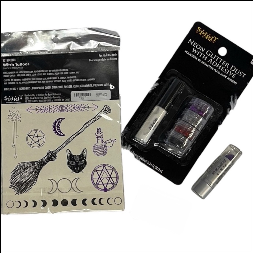 NEW Witches Costume Accessory 3 pc set lipstick body glitter and tattoos